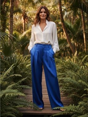 Alice + Olivia Simon Pleated Wide-leg Satin Trousers Blue Size 4 NEW $440